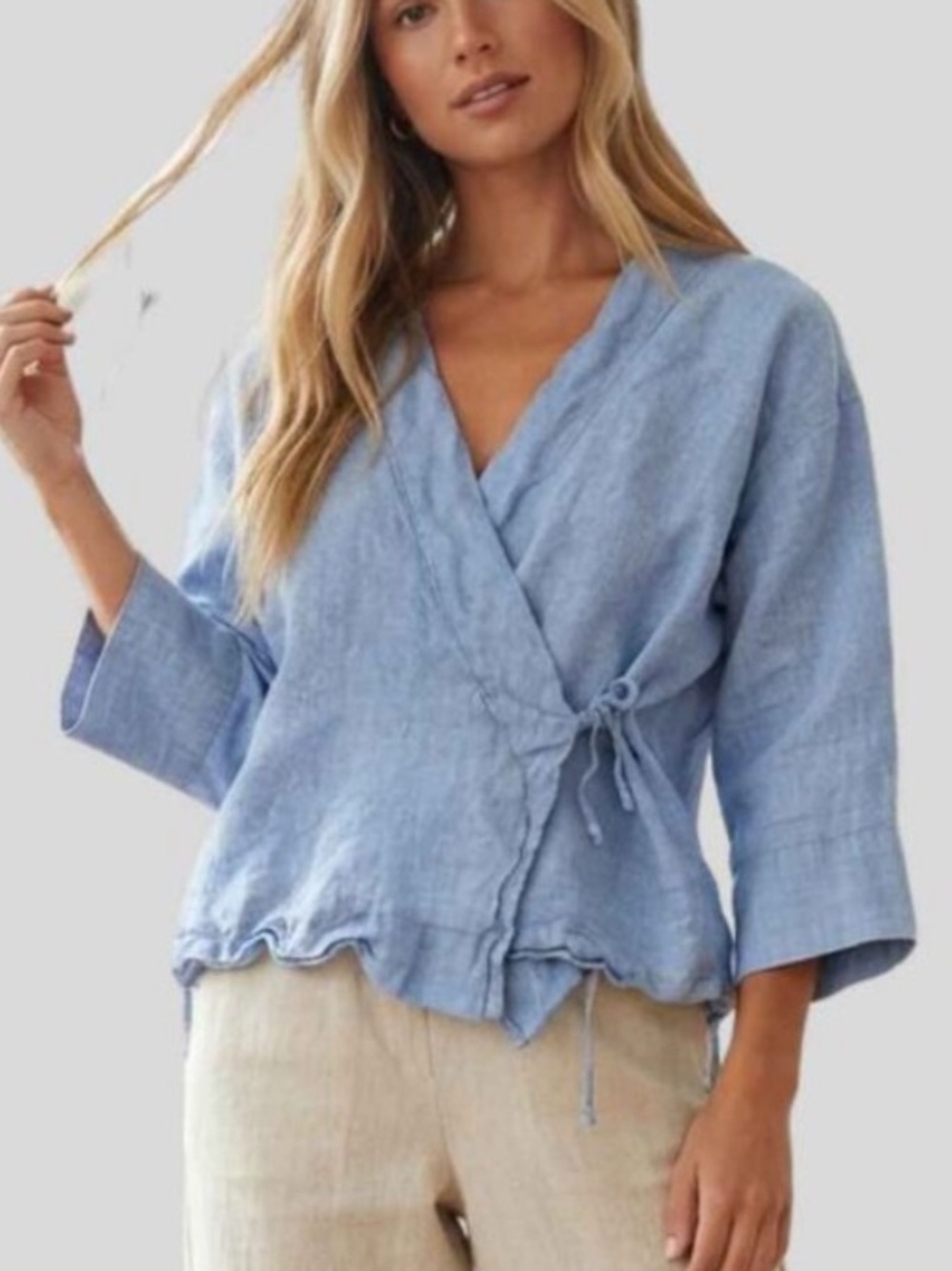 Chapter Goods Blue Linen breastfeeding Kimono Wrap Top Size Small 8823
